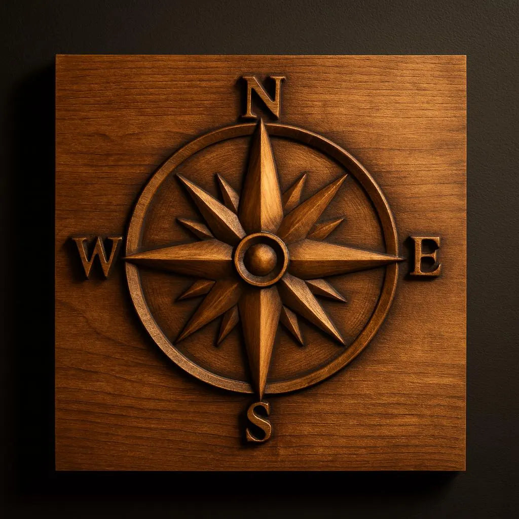 Introducing the Compass Rose CNC Relief STL File by Form Arcade—a nautical CNC wall art design featuring the cardinal directions N, E, S, and W. Perfect for adding a distinctive touch to unique woodworking projects, this digital file is ideal for creating a wooden wall art piece mounted on a dark wooden square background.