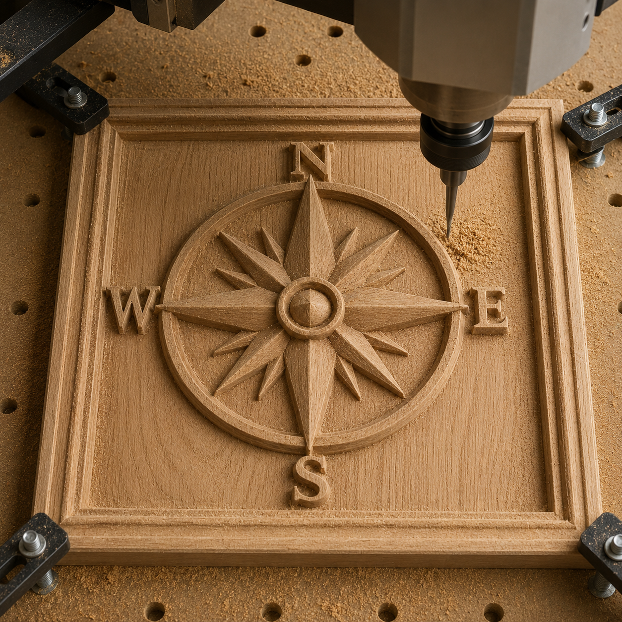 A CNC machine carves the Form Arcade "Compass Rose CNC Relief STL File | Nautical CNC Wall Art," featuring the detailed compass rose design with N, S, E, and W letters into a wooden surface, surrounded by wood dust.