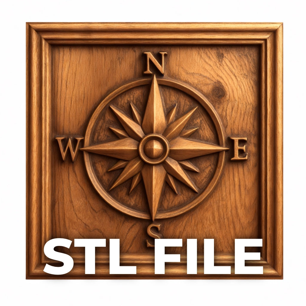 The Compass Rose CNC Relief STL File by Form Arcade is a carved wooden square plaque featuring a compass rose with cardinal directions, perfect for 3D printing or as nautical CNC wall art. 'STL FILE' is displayed at the bottom.