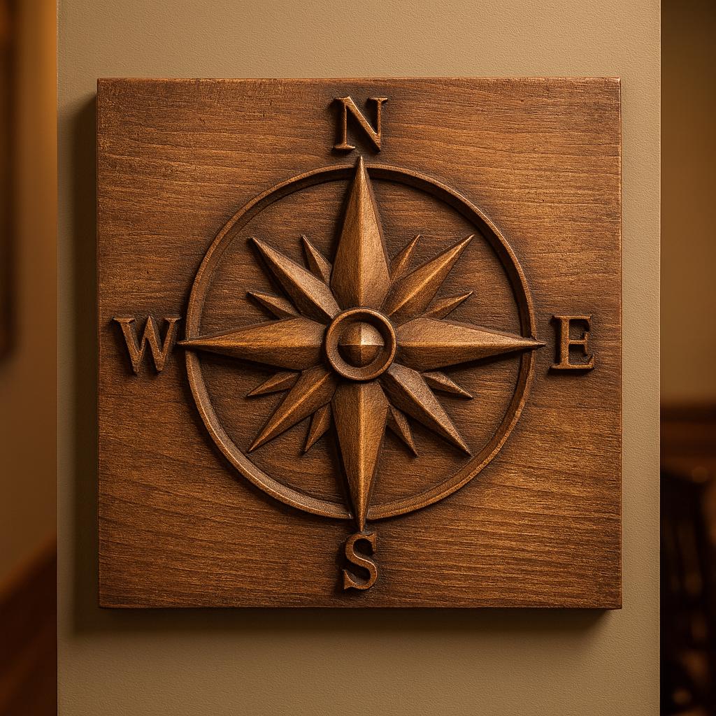 A carved wooden compass rose featuring raised directional points and the letters N, E, S, and W is mounted on a beige wall. Perfect for woodworking projects, this nautical design can be created using the Compass Rose CNC Relief STL File from Form Arcade—a digital file ideal for CNC carving and wall art.