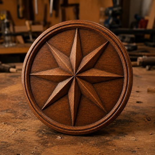 The Compass Rose Medallion Relief STL File by Form Arcade is a nautical CNC wall art design featuring an eight-pointed star, shown upright on a workbench in a woodshop with tools and wood pieces blurred in the background.