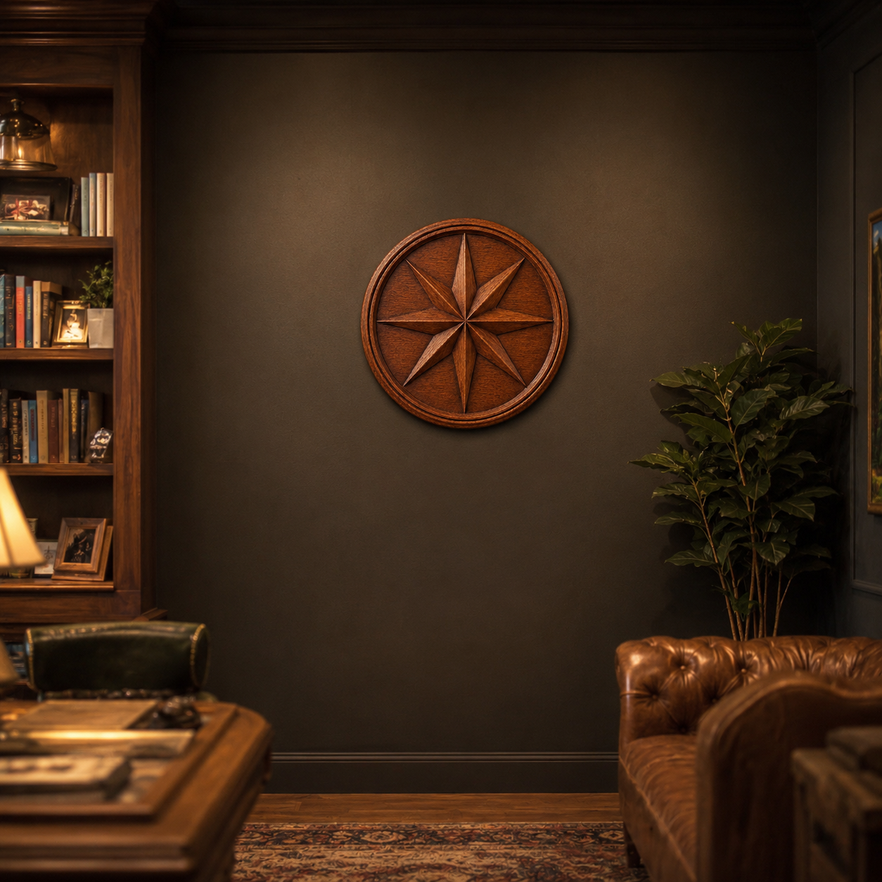 A cozy study features a leather sofa, wooden desk, bookshelves, and a large potted plant. Warm lighting highlights Form Arcade's Compass Rose Medallion Relief STL File | Nautical CNC Wall Art on the dark wall, creating an inviting atmosphere.