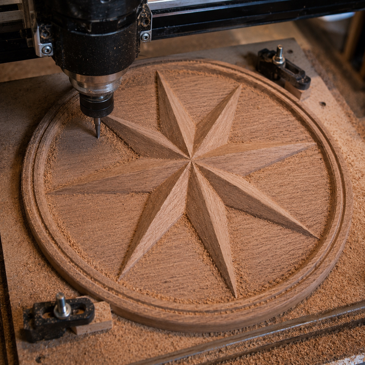 Using the Compass Rose Medallion Relief STL File by Form Arcade, a CNC router carves an intricate eight-pointed nautical design into a round wooden piece, surrounded by wood shavings and held in place with metal clamps.
