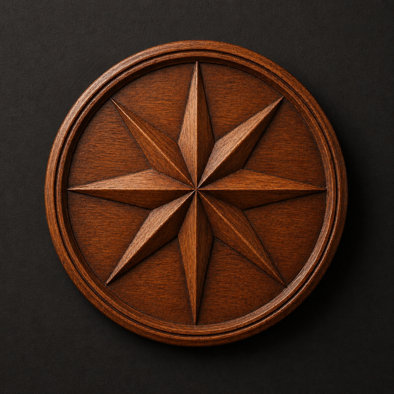 The Compass Rose Medallion Relief STL File by Form Arcade is a round dark wood plaque with a carved eight-pointed star, ideal as nautical CNC wall art or 3D printing design for your next project.