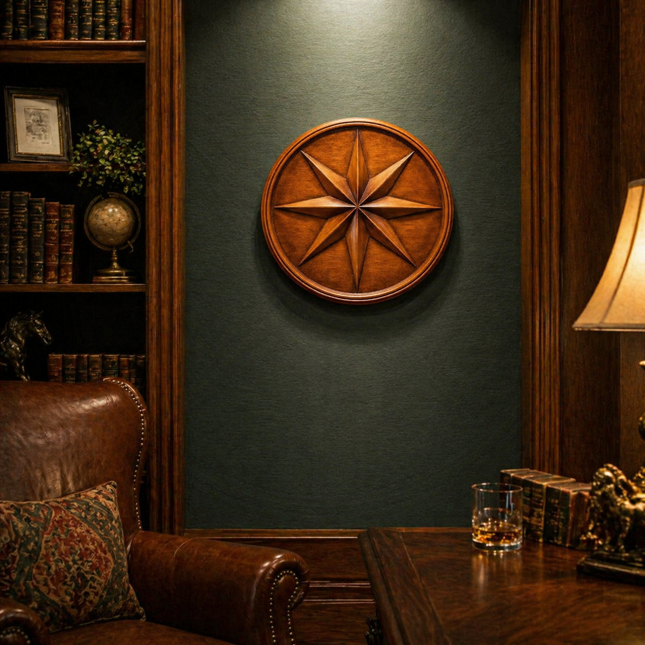 A cozy study with a brown leather chair, wooden desk, bookshelves, a globe, a lamp, and the Compass Rose Medallion Relief STL File nautical CNC wall art by Form Arcade glowing on a dark green accent wall.