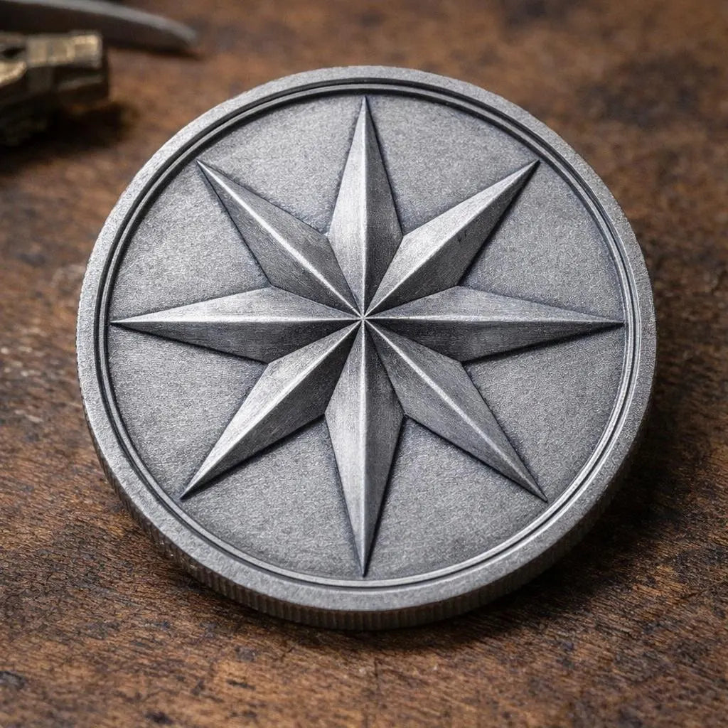 The Compass Rose Medallion Relief STL File by Form Arcade features a silver, round medallion with a raised eight-pointed compass rose and antique finish—ideal for nautical CNC wall art projects.