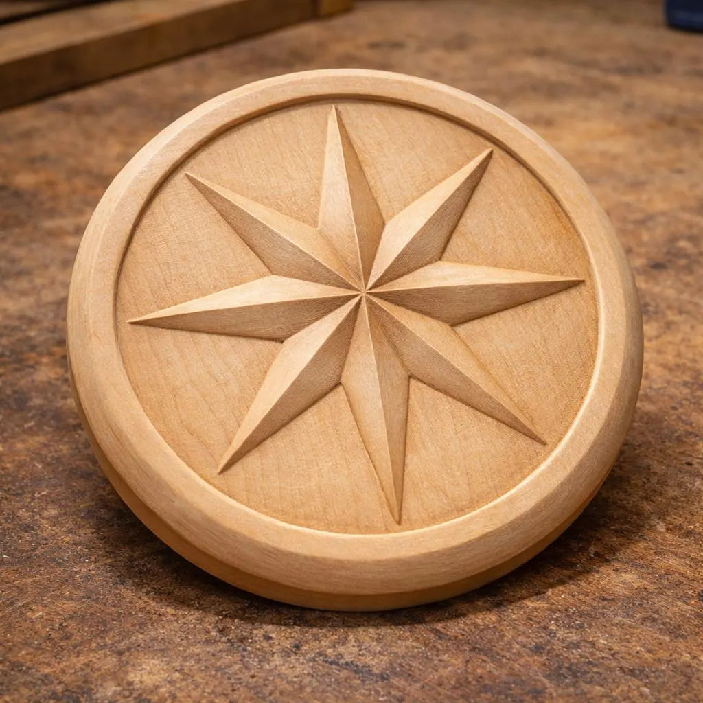 The Compass Rose Medallion Relief STL File by Form Arcade is a round nautical CNC wall art design featuring a carved eight-pointed star, perfect for adding coastal style to your decor.