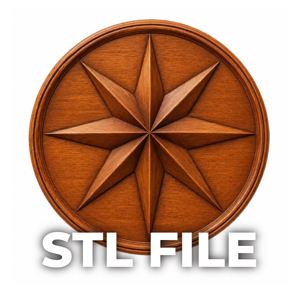 The Compass Rose Medallion Relief STL File by Form Arcade is a wooden circular nautical wall art design featuring a carved eight-pointed star and bold "STL FILE" text, ideal for CNC carving or 3D printing.
