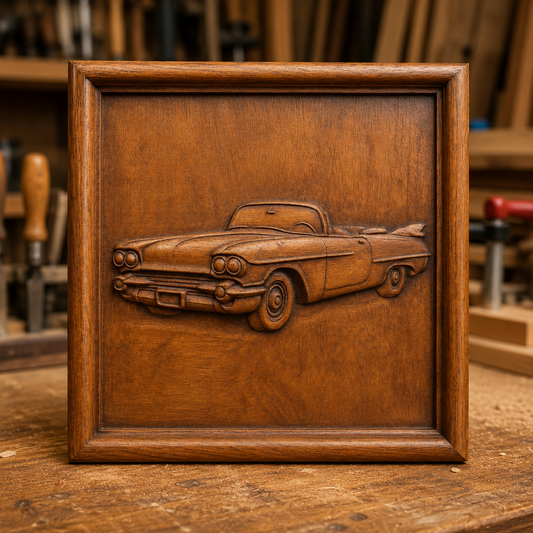 The Form Arcade Classic Convertible Car Relief STL File | Vintage CNC Wall Art is showcased on a workbench, with woodworking tools and shelves softly blurred in the background. Ideal for woodworking projects, this detailed STL file lets you create striking wall art that combines vintage charm and expert craftsmanship.