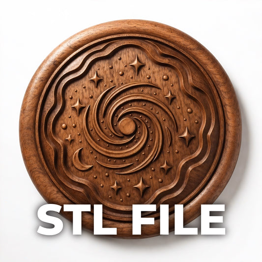 The Cosmic Spiral Galaxy Relief STL File by Form Arcade is a round wooden plaque design with a carved spiral galaxy, stars, and crescent moon—ideal for CNC carving or 3D printing space-themed wall art lovers.