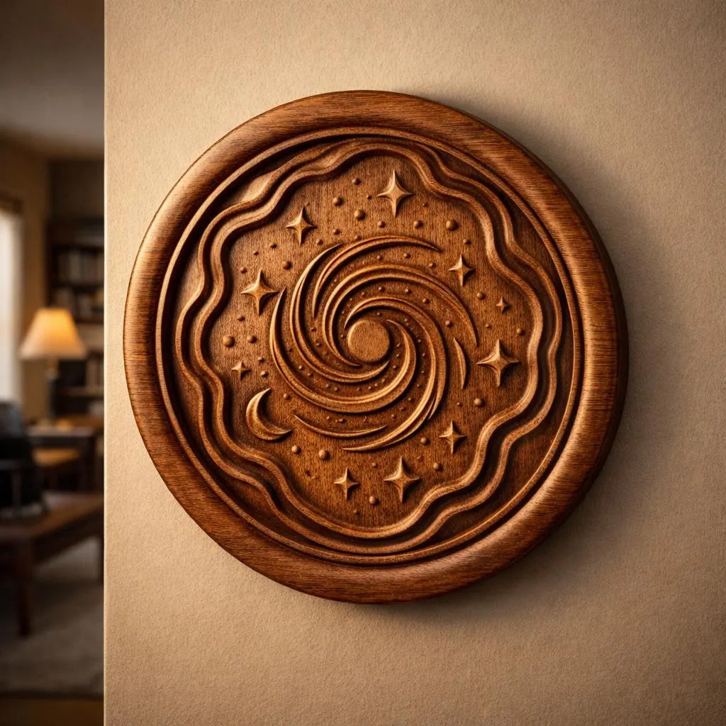 The Cosmic Spiral Galaxy Relief STL File by Form Arcade is a round wooden wall art for CNC, featuring carved stars, crescent moons, and swirling galaxy designs—shown mounted on a beige wall in a cozy, warmly lit room.