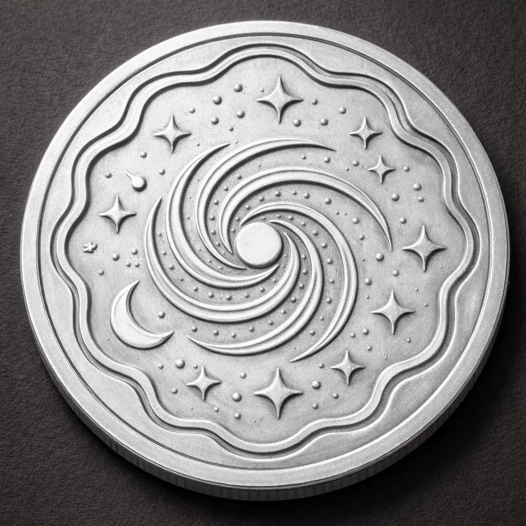 The Cosmic Spiral Galaxy Relief STL File by Form Arcade features a round silver coin with an engraved galaxy, stars, crescent moon, and wavy edges on a dark background—perfect for CNC space wall art.