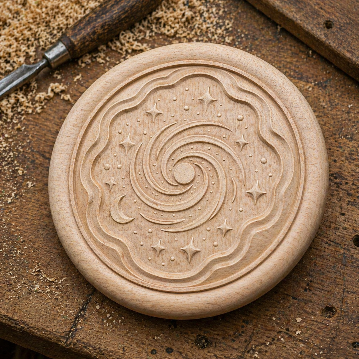 The Cosmic Spiral Galaxy Relief STL File by Form Arcade features a swirling galaxy, stars, and crescent moon design for CNC wall art, shown resting on a workbench with wood shavings and a carving tool nearby.