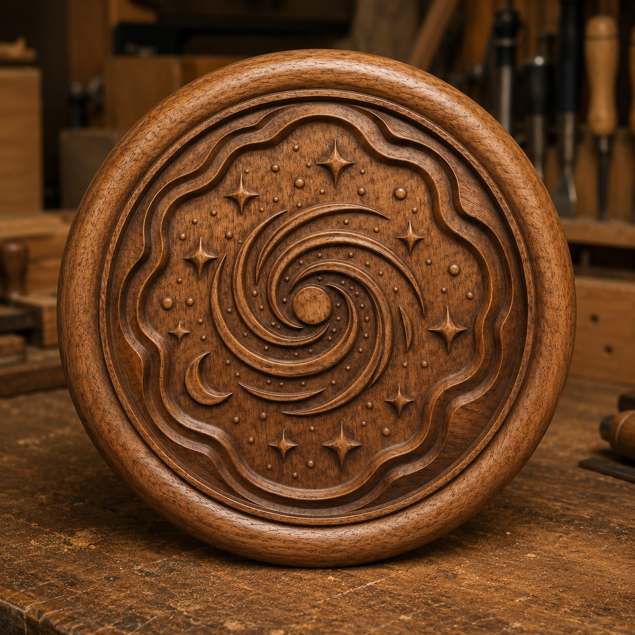 The Cosmic Spiral Galaxy Relief STL File by Form Arcade features a swirling galaxy, stars, and crescent moon—ideal as CNC wall art or decorative decor for space lovers.