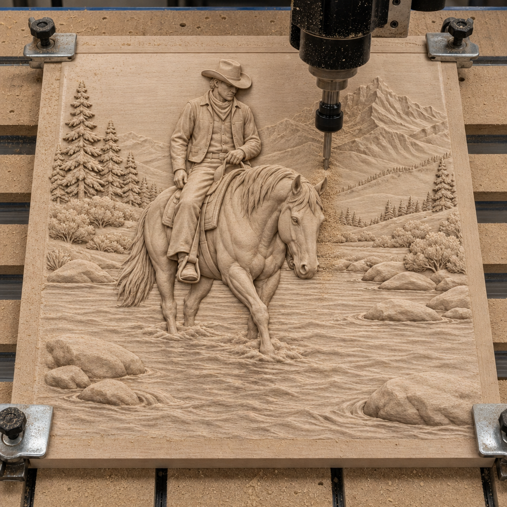 CNC machine cutting a wood relief of a cowboy riding through a rocky river, with trees and layered mountains behind.
