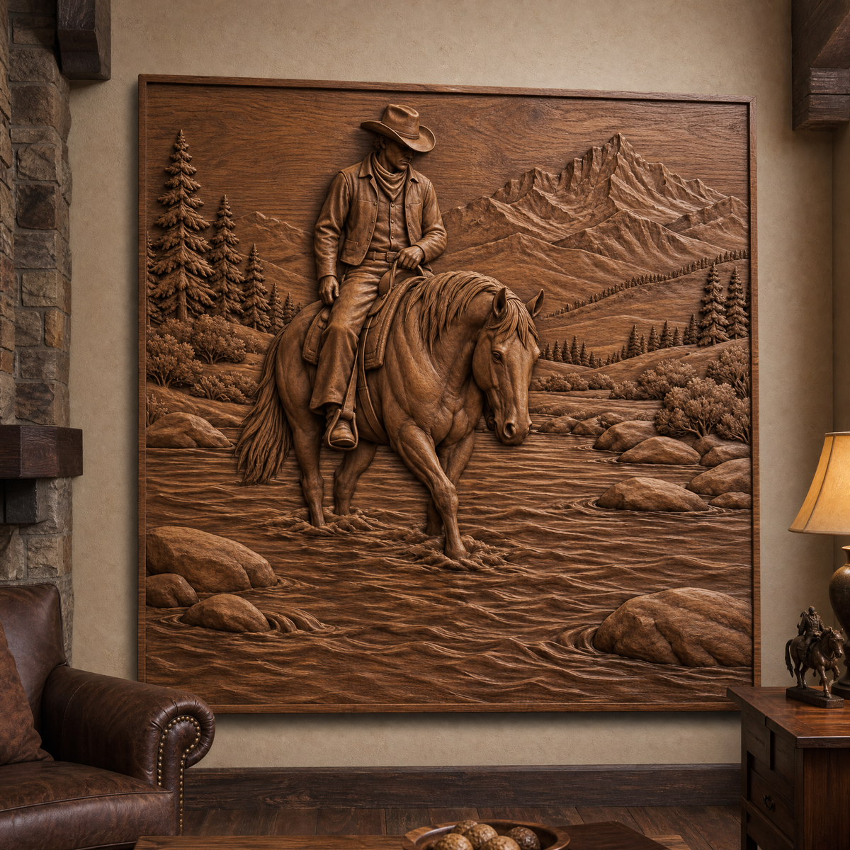 Framed cowboy-and-horse river crossing relief displayed on a wall, with evergreen trees, rocky shores, and mountain peaks.