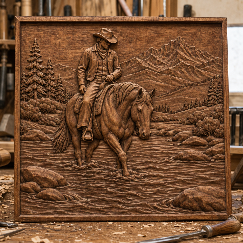 CNC wood relief of a cowboy on horseback crossing a rocky river, framed by evergreen trees and mountain peaks.