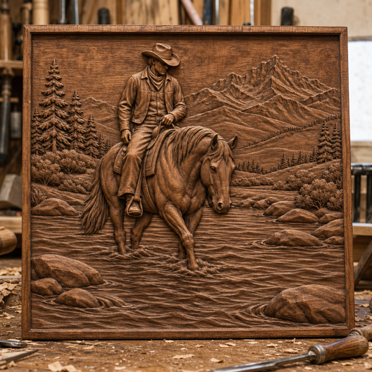 CNC wood relief of a cowboy on horseback crossing a rocky river, framed by evergreen trees and mountain peaks.