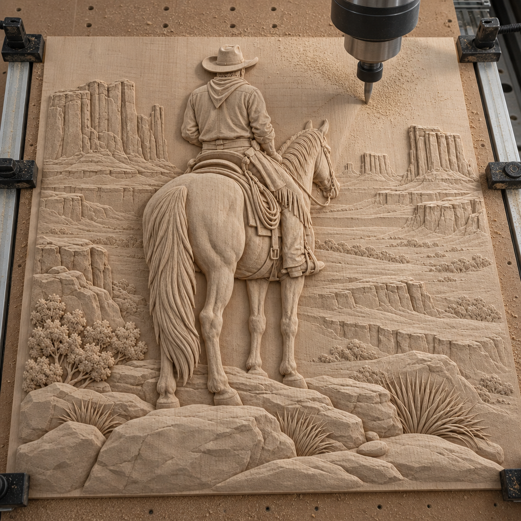CNC router cutting a wood relief of a rear-view cowboy on a saddled horse, with mesas, canyon layers, rocks, and desert plants.