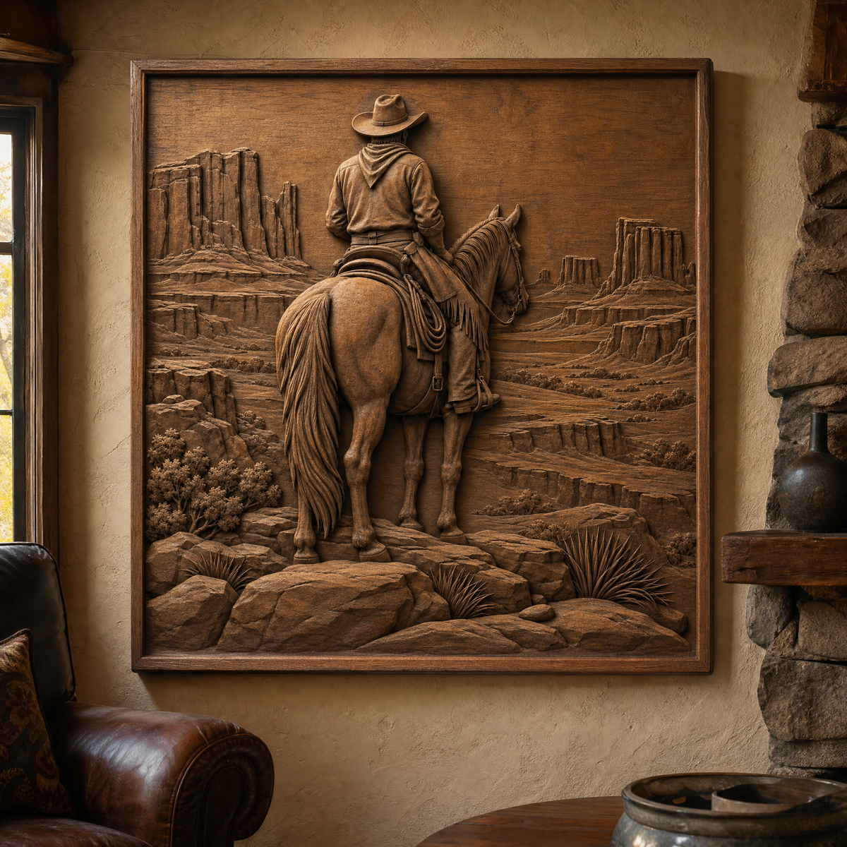 CNC wood relief wall art shows a rear-view cowboy on horseback in a rugged desert of mesas, canyon formations, rocks, and yucca.
