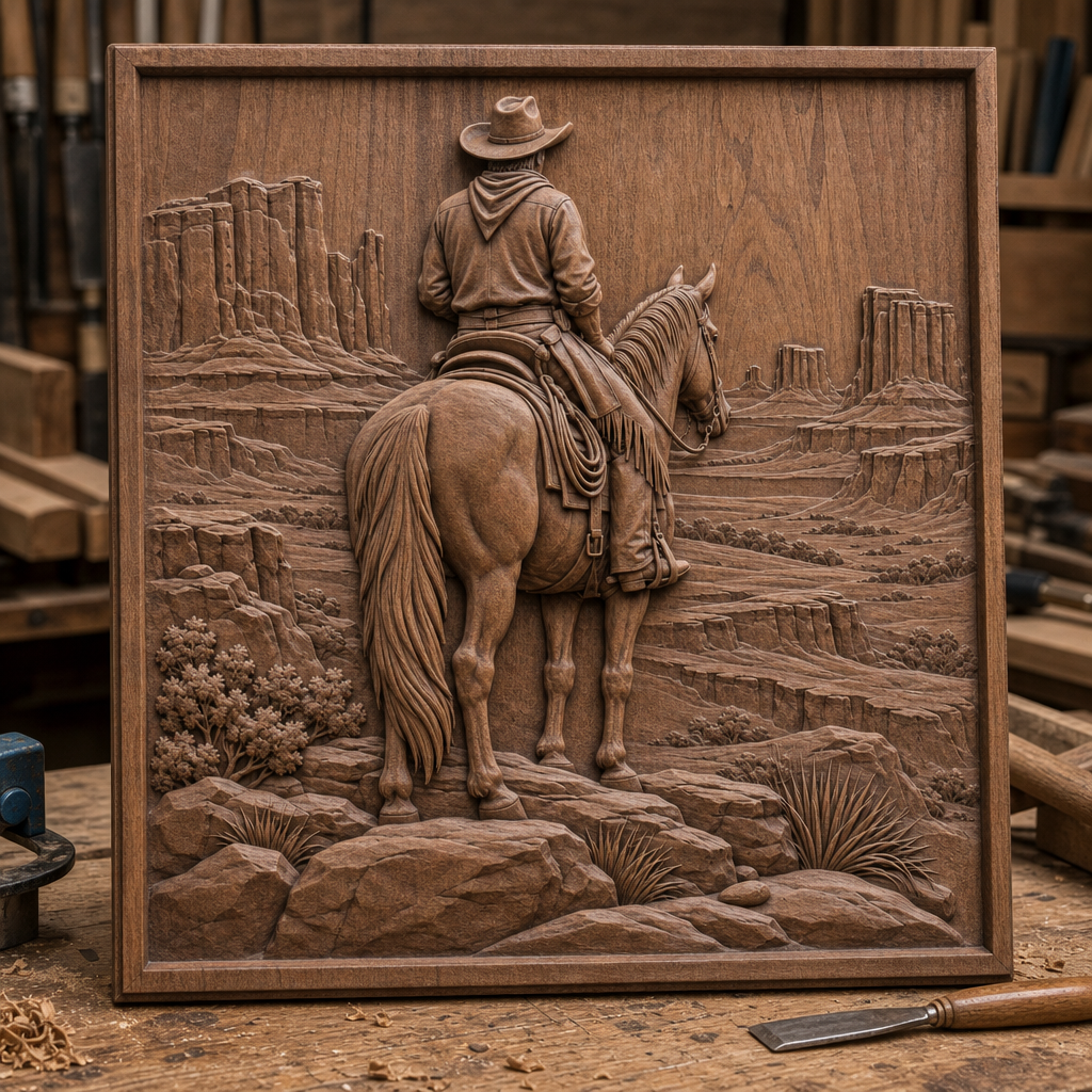 Framed CNC wood relief of a cowboy viewed from behind on a saddled horse amid mesas, canyon layers, rocks, and desert plants.