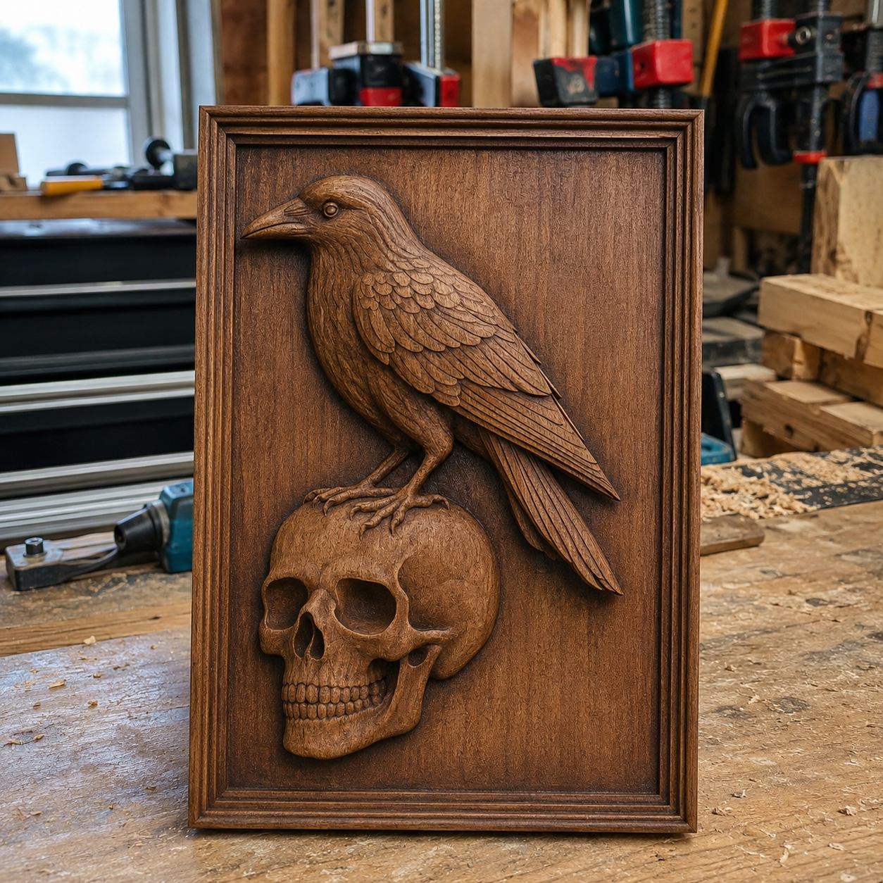The "Crow on a Skull Relief STL File | Horror CNC Wall Art" by Form Arcade is a striking example of CNC relief carving, featuring a highly detailed crow perched atop a human skull, ideal for woodworking projects and showcased here on a workbench amid woodshop tools and wood pieces.