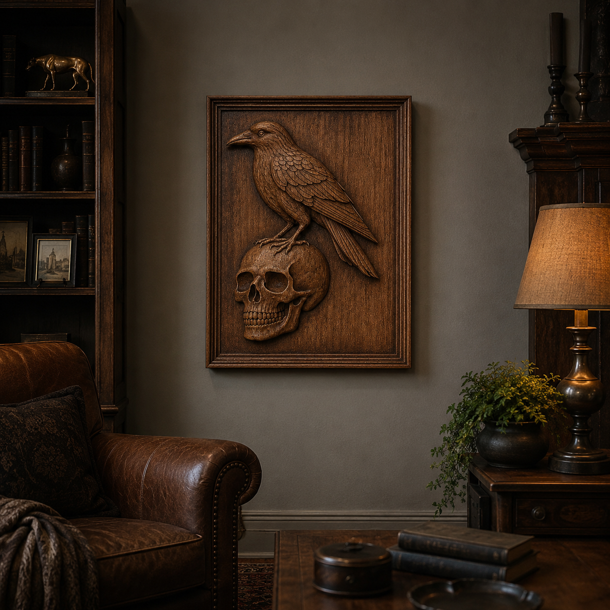 A cozy study room with a leather armchair, bookshelves, and the “Crow on a Skull Relief” CNC wall art by Form Arcade—a dramatic wooden piece featuring a crow perched atop a human skull. A table lamp and potted plant rest on a wooden side table nearby, making the space ideal for showcasing unique woodworking projects or displaying striking CNC relief carvings.