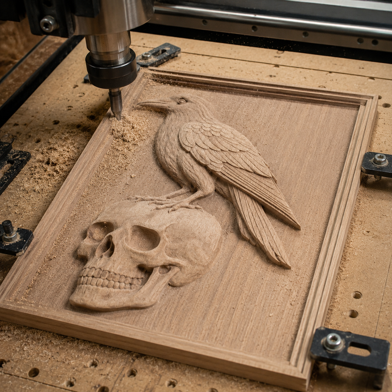 The Crow on a Skull Relief STL File by Form Arcade showcases a striking CNC-carved wooden wall art featuring a raven perched atop a human skull. This horror-themed piece, expertly carved and surrounded by wood shavings while clamped to the machine bed, offers inspiring decoration for woodworking projects and fans of unique CNC wall art.
