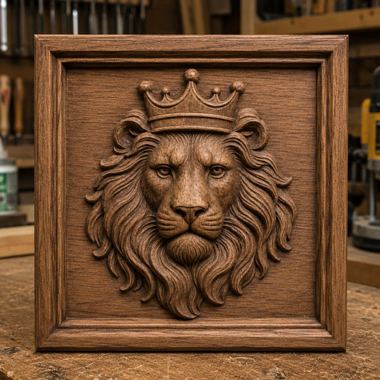 Displayed on a workbench in a woodworking shop, the impressive Crowned Lion King Relief STL File | Wildlife CNC Wall Art by Form Arcade features a detailed wooden carving of a lion’s head wearing a crown, set in a square frame. This exquisite piece showcases stunning CNC relief carving and makes for striking woodworking wall art.