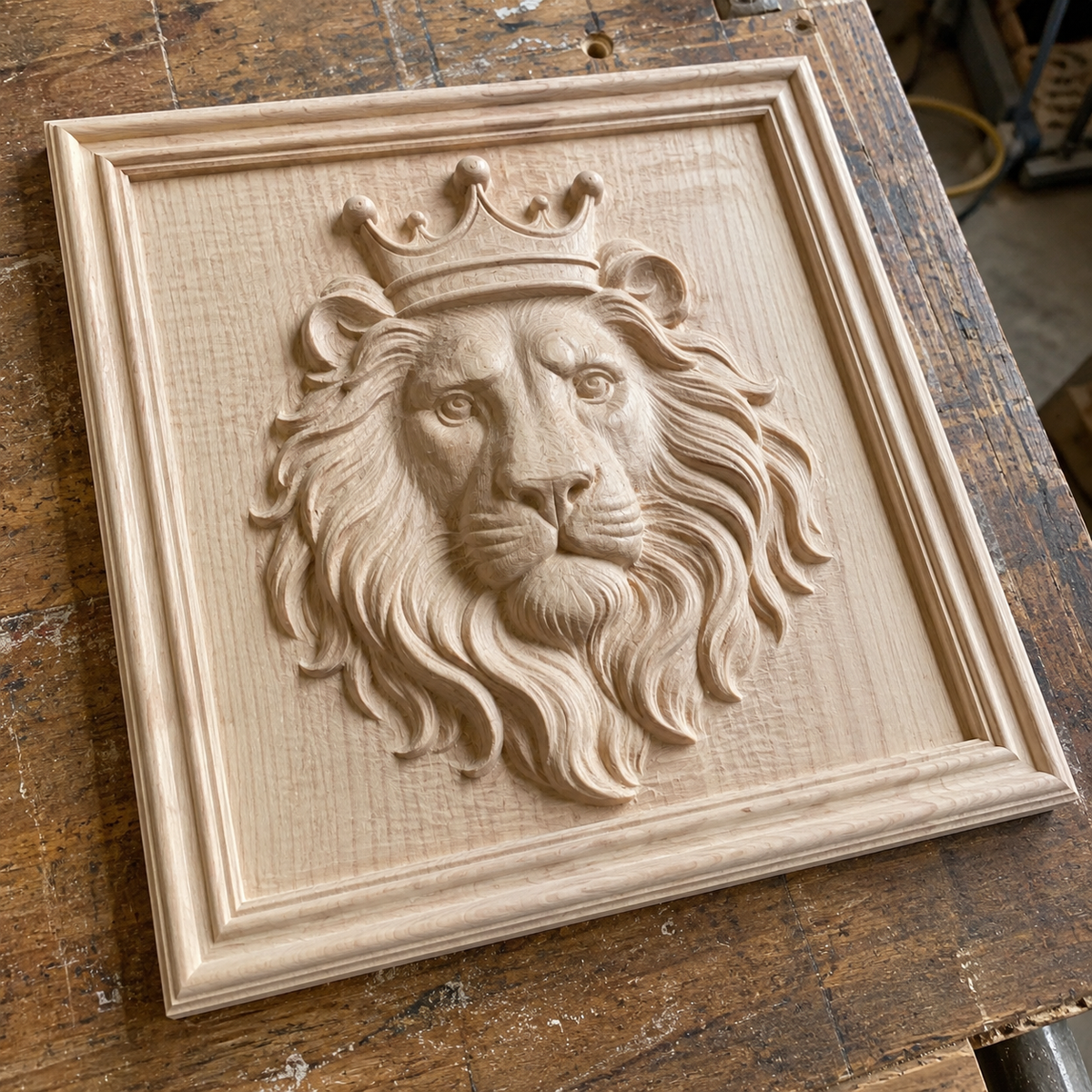The Crowned Lion King Relief STL File by Form Arcade is a wildlife CNC wall art design featuring a detailed, framed wooden bas relief of a lion’s head with a crown.