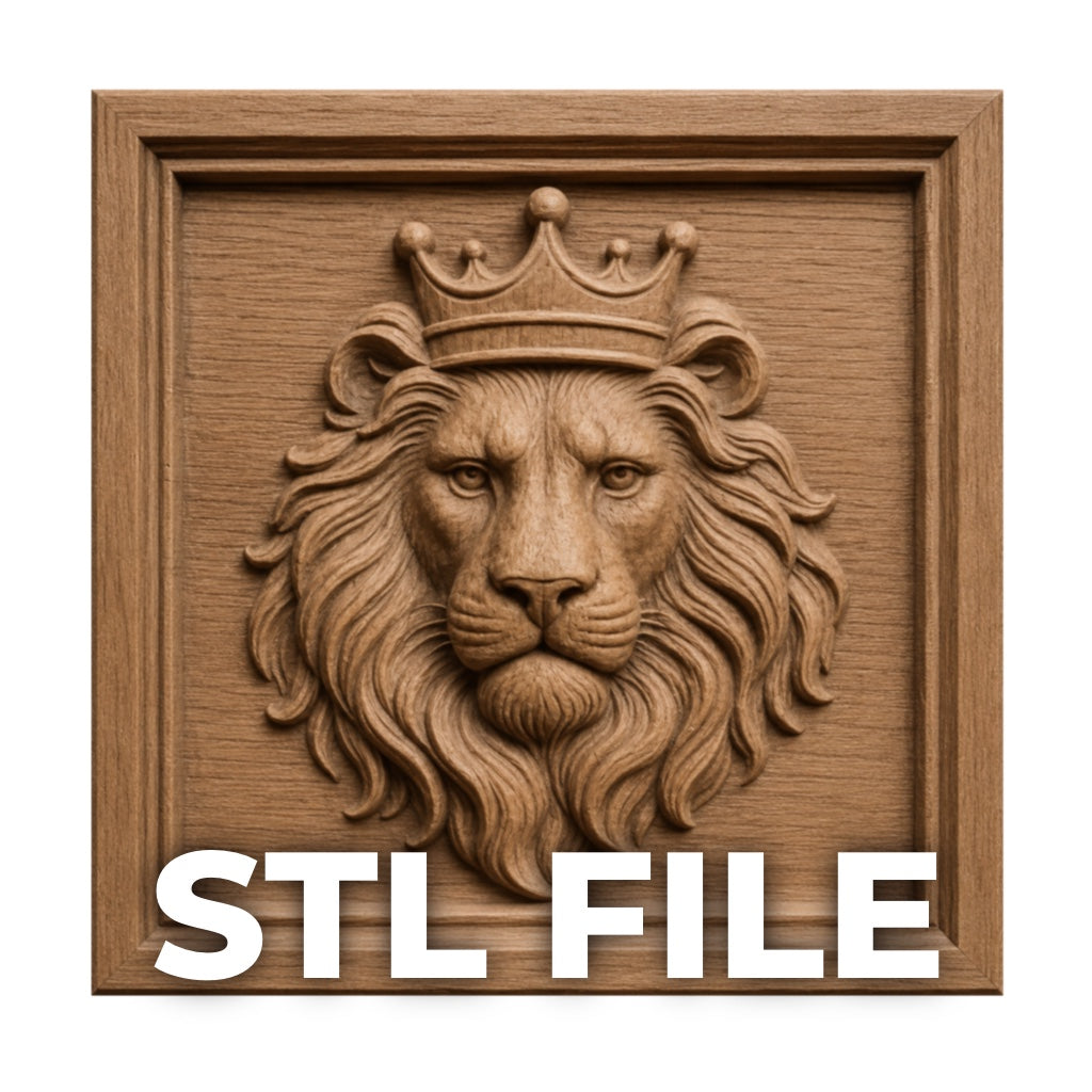 Form Arcade’s Crowned Lion King Relief STL File features a detailed lion’s head with a crown and bold "STL FILE" text, perfect for wildlife-themed CNC wall art or bas relief carving projects.