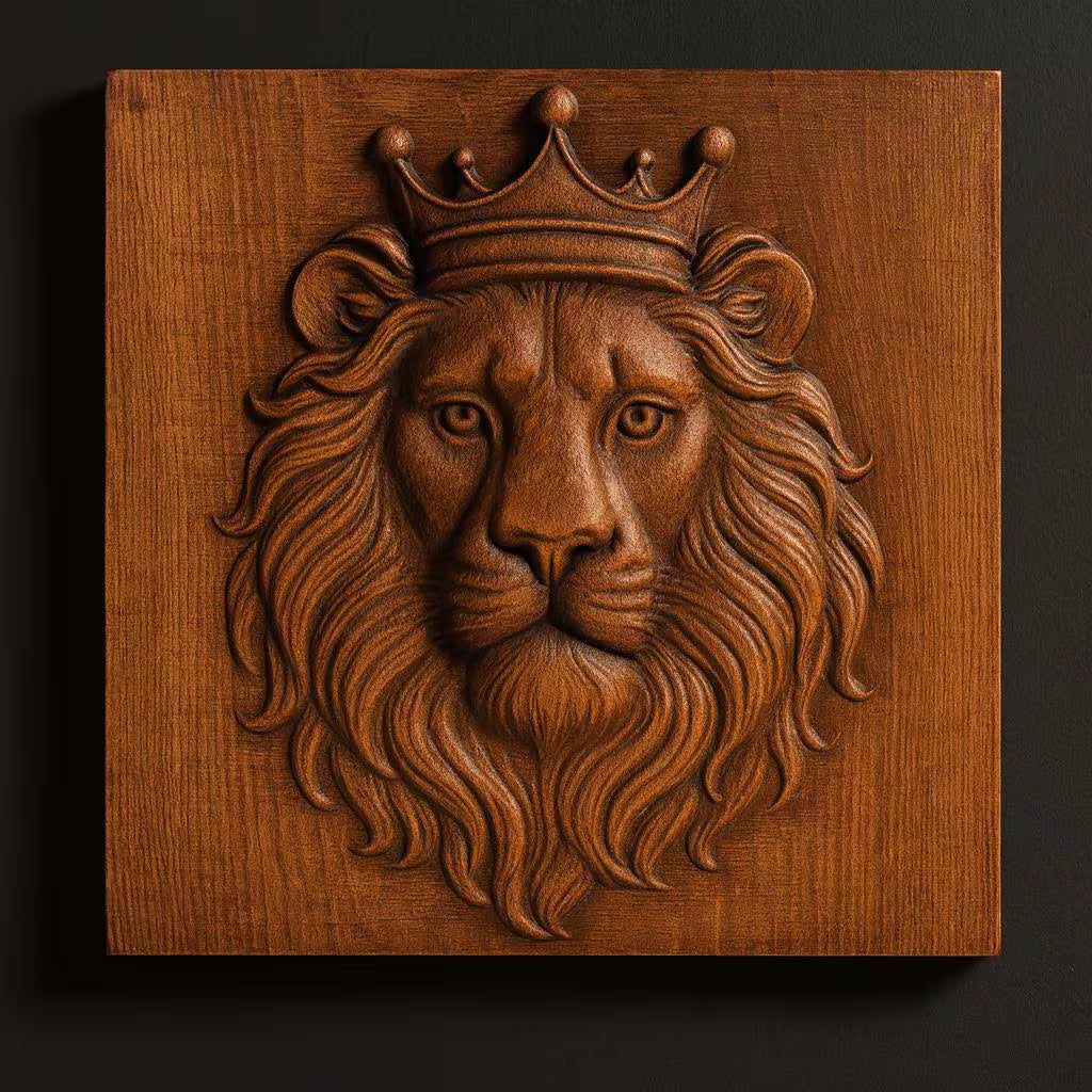 Crowned lion portrait relief carved into a wooden panel featuring flowing mane detail, symmetrical composition, and deep carving lines, framed presentation with visible wood grain and soft shadows enhancing depth, classic heraldic wall art design for CNC carving