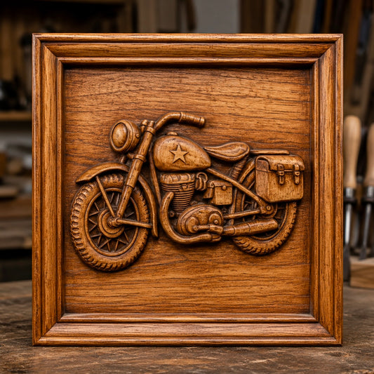 Showcased on a workshop table, the Cruiser Motorcycle Relief STL File by Form Arcade captures the timeless style of a vintage cruiser motorcycle in intricate bas relief, featuring a star-adorned fuel tank. Perfect for CNC wall art projects, this detailed square-framed design offers a unique woodworking accent for motorcycle enthusiasts.
