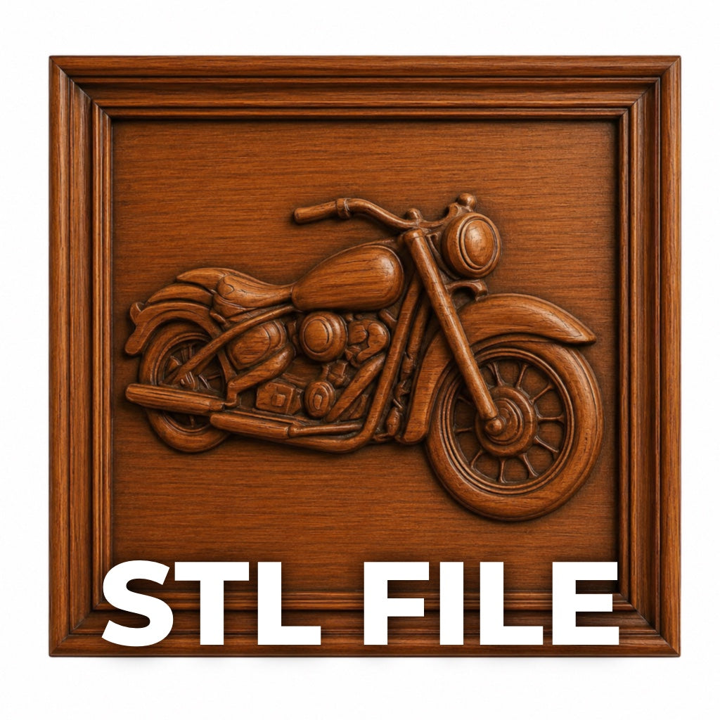 The Classic Motorcycle CNC Relief STL File by Form Arcade features a wood-carved motorcycle in a rectangular frame, perfect for woodworking. Bold white "STL FILE" text is displayed at the bottom, ideal for biker-themed CNC wall art projects.
