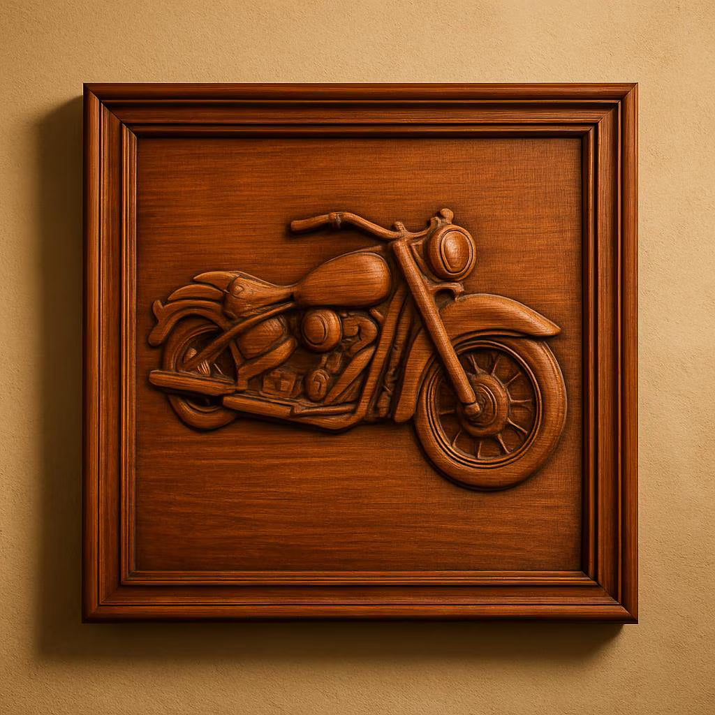 The Classic Motorcycle CNC Relief STL File by Form Arcade is perfect for woodworking projects—a biker wall art design showing a detailed motorcycle in profile, ideal for creating framed wooden carvings.