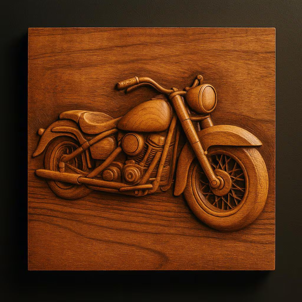 The Classic Motorcycle CNC Relief STL File by Form Arcade features a detailed motorcycle design for wall art—ideal for woodworking projects or as inspiration for custom biker CNC decor.
