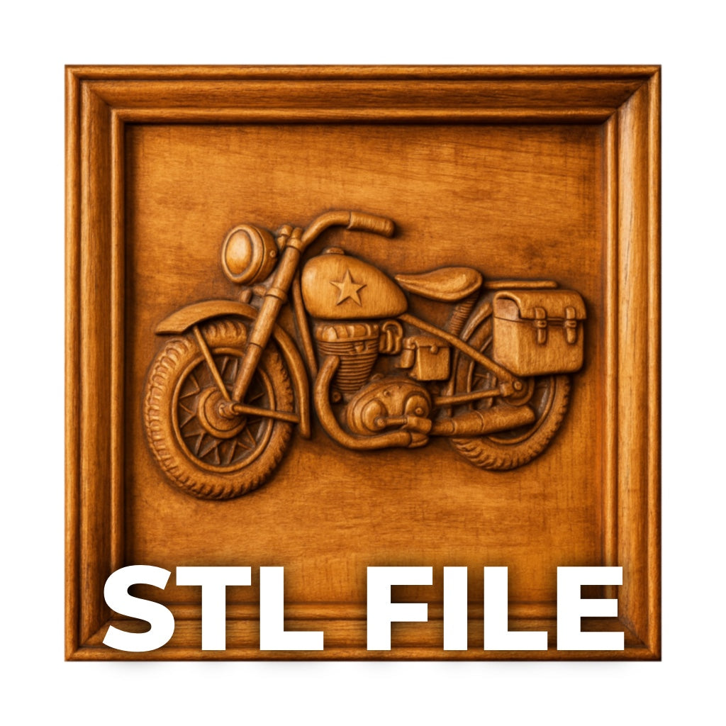 Form Arcade’s Cruiser Motorcycle Relief STL File for CNC wall art features a classic motorcycle carved in wood, displayed in a square frame. Large white text at the bottom reads STL FILE, highlighting this unique woodworking design.