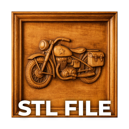 The Cruiser Motorcycle Relief STL File by Form Arcade features a wooden-framed vintage cruiser motorcycle carving, ideal for CNC or 3D printing, with "STL FILE" in bold white letters at the bottom of the image.