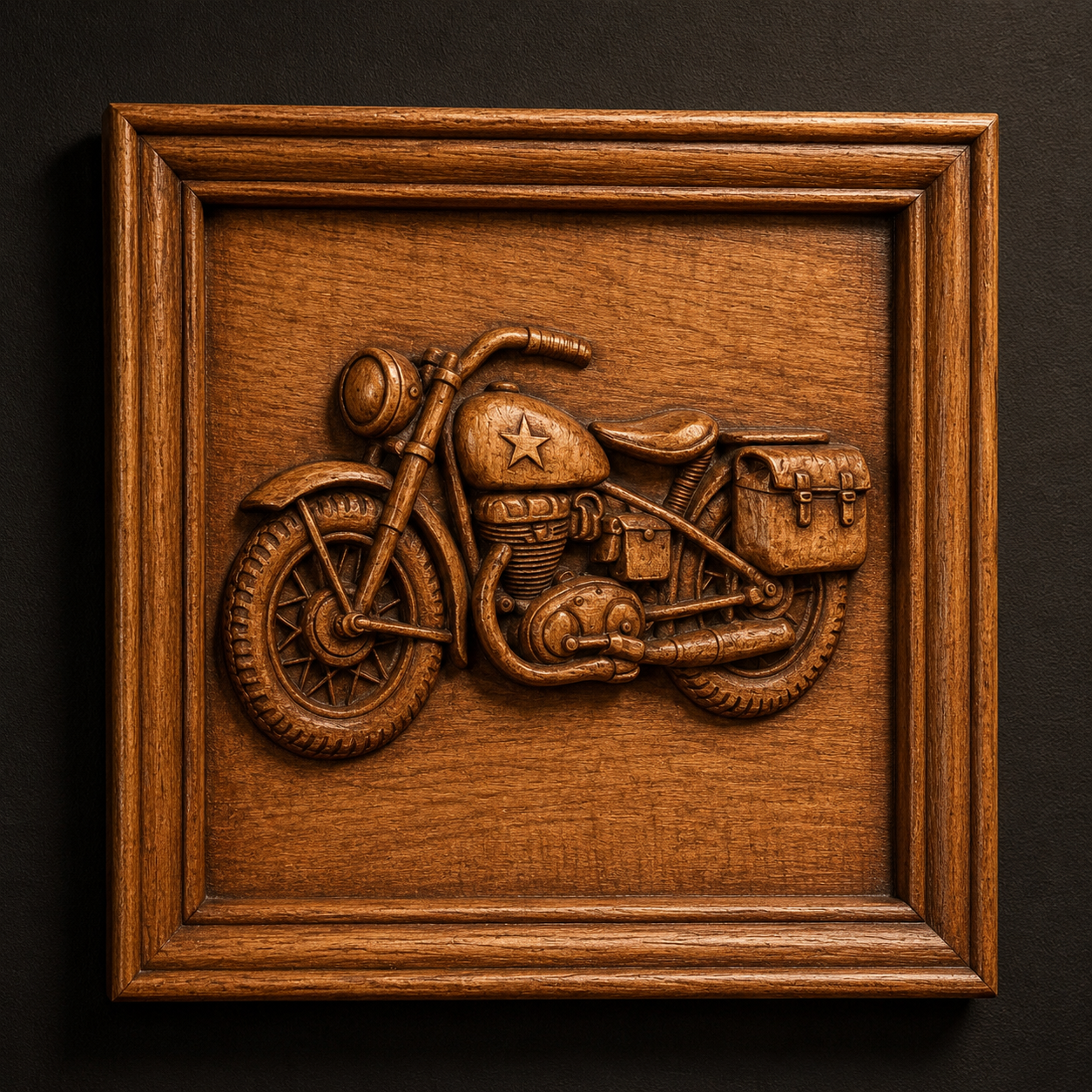 The Cruiser Motorcycle Relief STL File by Form Arcade is a CNC wall art design featuring a vintage motorcycle with a star emblem, set in a rectangular frame against a dark background.