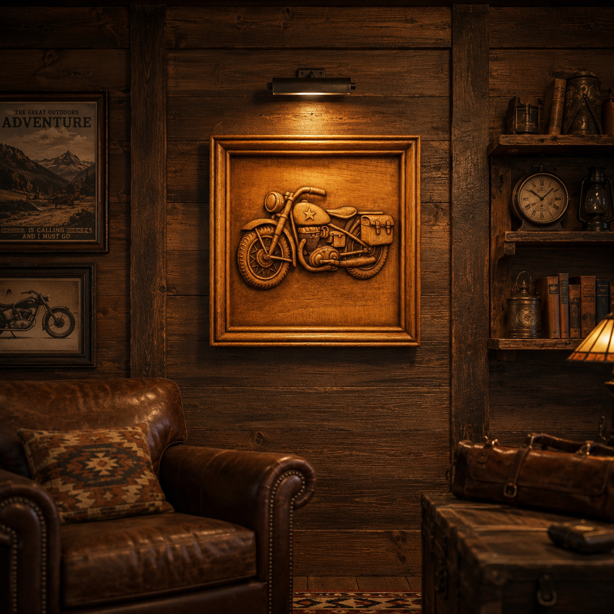 A cozy rustic room with wood walls, a leather armchair, vintage decor, and Form Arcade’s Cruiser Motorcycle Relief (CNC Wall Art) framed and illuminated. Shelves display books, a clock, and travel-inspired pieces.