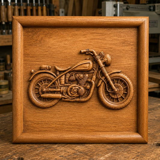 Crafted by Form Arcade, the Custom Motorcycle Relief STL File is designed for CNC wall art projects. This digital file allows you to create an intricately carved wooden plaque featuring a detailed motorcycle in relief. Perfect for display on a workshop table with woodworking tools in the background, this unique design is ideal for enthusiasts and collectors seeking standout woodworking wall art.
