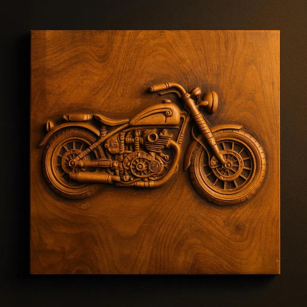 The Custom Motorcycle Relief STL File by Form Arcade features an intricate classic motorcycle design for CNC wall art, with detailed wheels, engine, and handlebars beautifully carved in relief on a square plaque.
