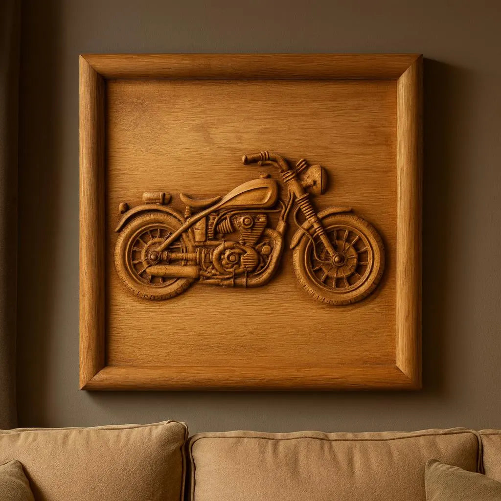 The “Custom Motorcycle Relief STL File | CNC Wall Art” by Form Arcade features detailed motorcycle art, perfect for display above a beige sofa on a neutral wall.