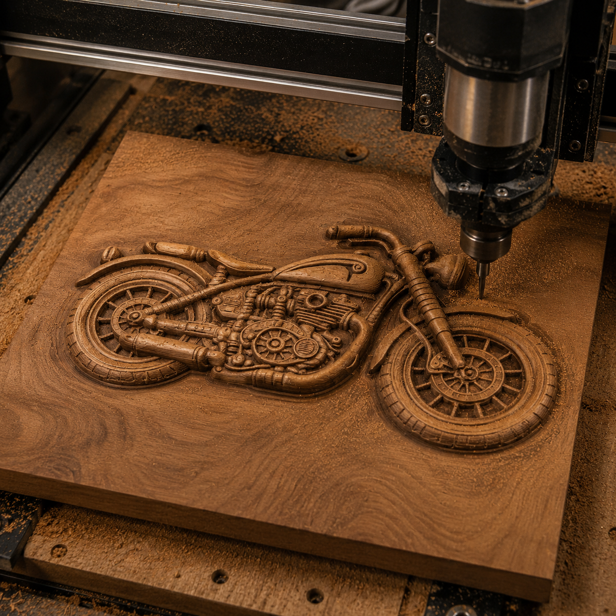 The Form Arcade Custom Motorcycle Relief STL File lets you carve a detailed motorcycle design into wood with your CNC, perfect for creating unique wall art and woodworking projects.