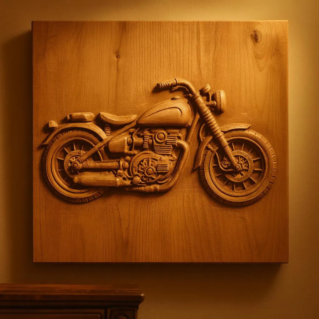 The Form Arcade Custom Motorcycle Relief STL File offers a detailed CNC wall art design of a classic motorcycle, perfect for mounting on wood panels and creating striking decor.