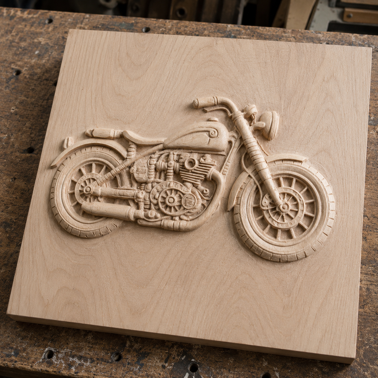 The Custom Motorcycle Relief STL File by Form Arcade is a CNC wall art design file featuring a detailed classic motorcycle—ideal for creating unique woodworking decor.