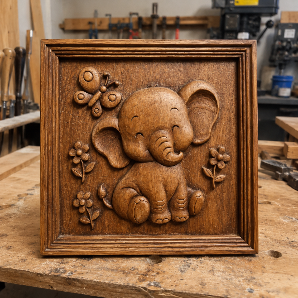 The Cute Elephant Relief STL File by Form Arcade features a smiling baby elephant among flowers with a butterfly overhead. This charming CNC wall art design is ideal for woodshops and perfect for your next carving project.