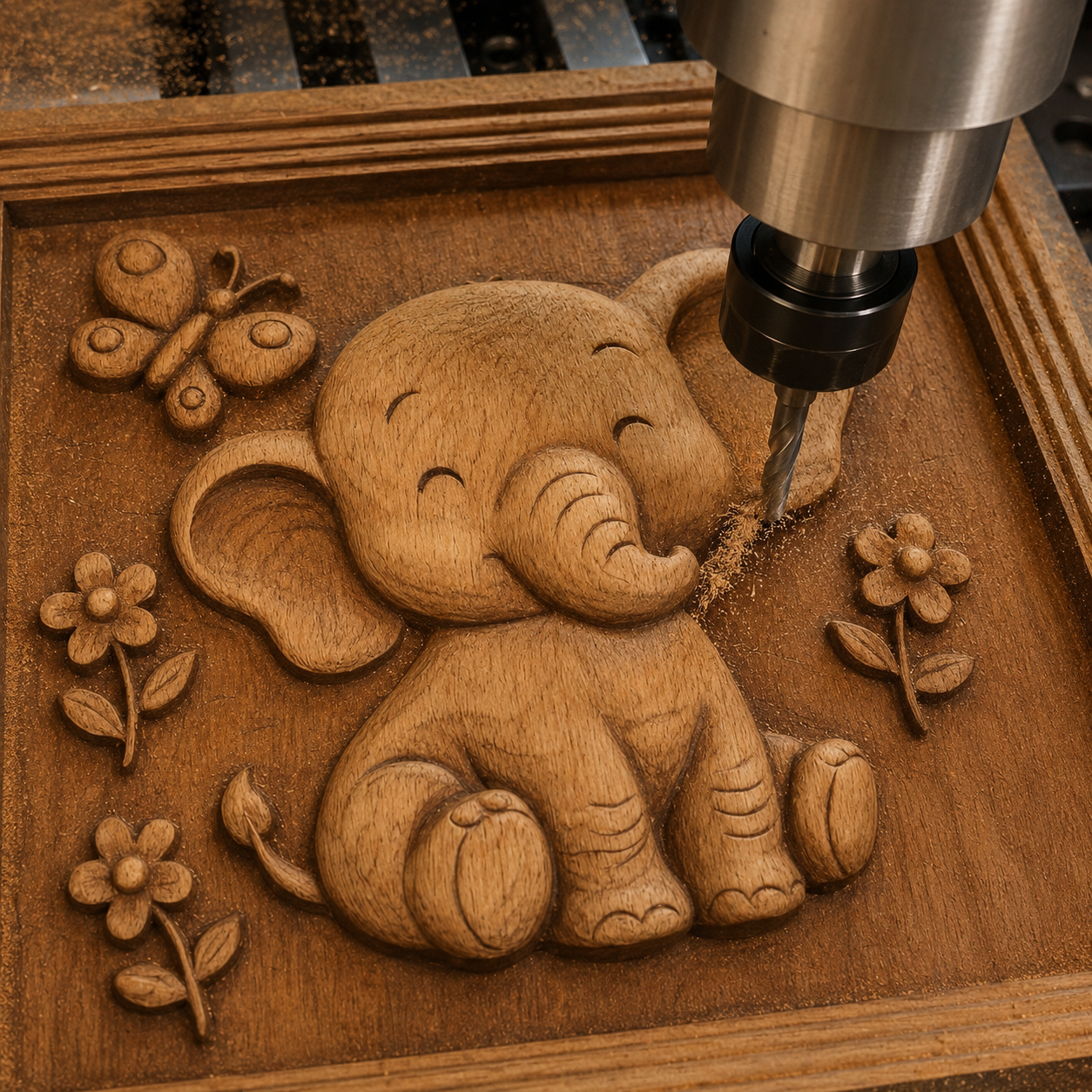 The Cute Elephant Relief STL File by Form Arcade features a charming baby elephant with flowers and a butterfly, perfect for CNC wall art or woodworking projects that showcase detailed relief carving.