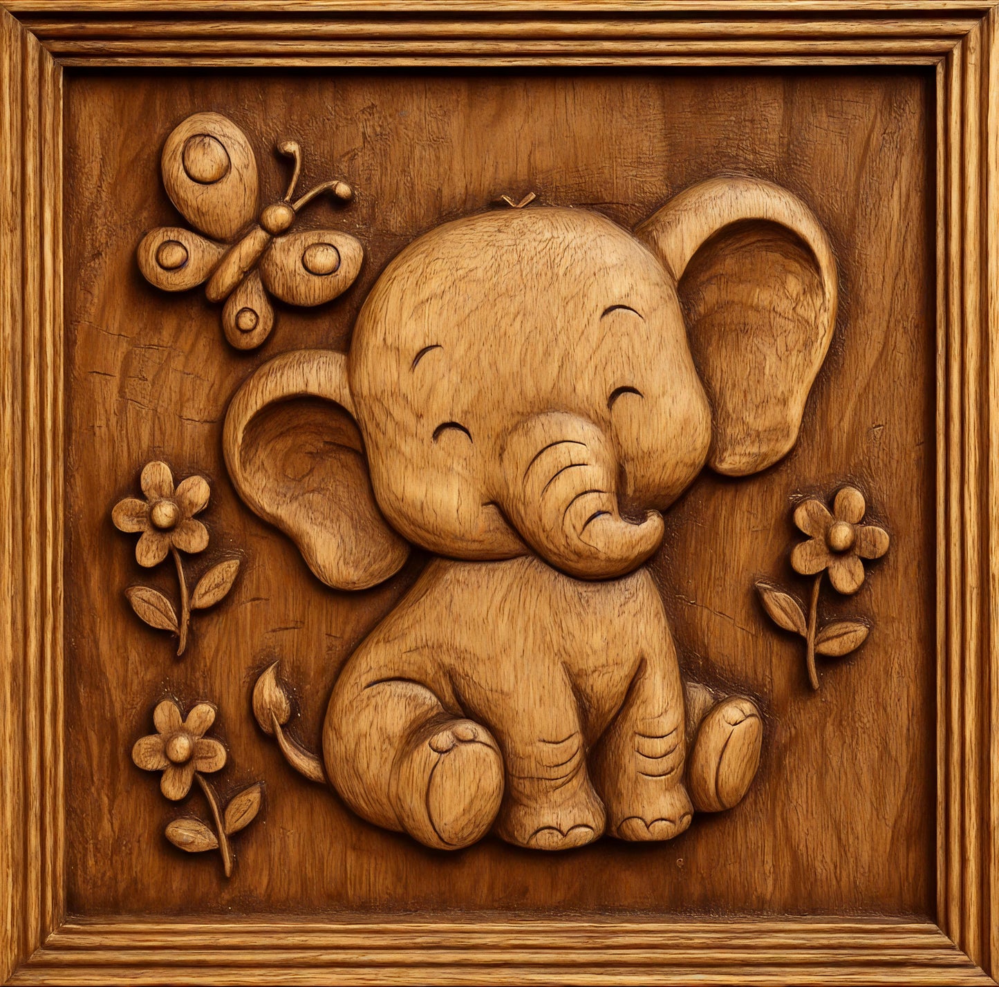 The Cute Elephant Relief STL File by Form Arcade features a smiling cartoon baby elephant among flowers with a butterfly above, designed for CNC wall art. Perfect for creative woodworking projects with detailed relief carving.