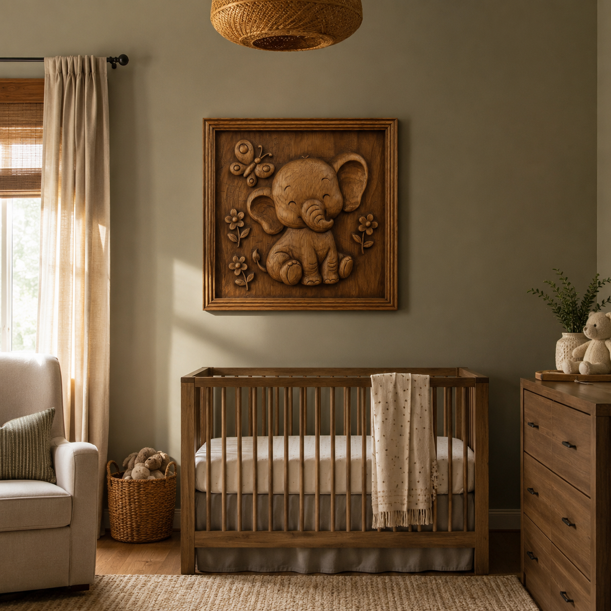 A cozy nursery features a wooden crib, beige armchair, dresser, and toy basket. Above the crib hangs Form Arcade’s Cute Elephant Relief STL File | Elephant CNC Wall Art, showing a sweet elephant with flowers. Cream curtains frame a sunlit window.